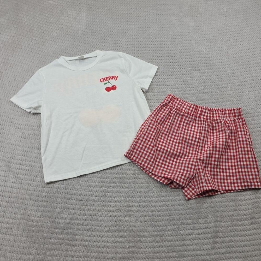 Cherry Set Girls 9 Plaid Shorts & Tshirt 2 Piece Set